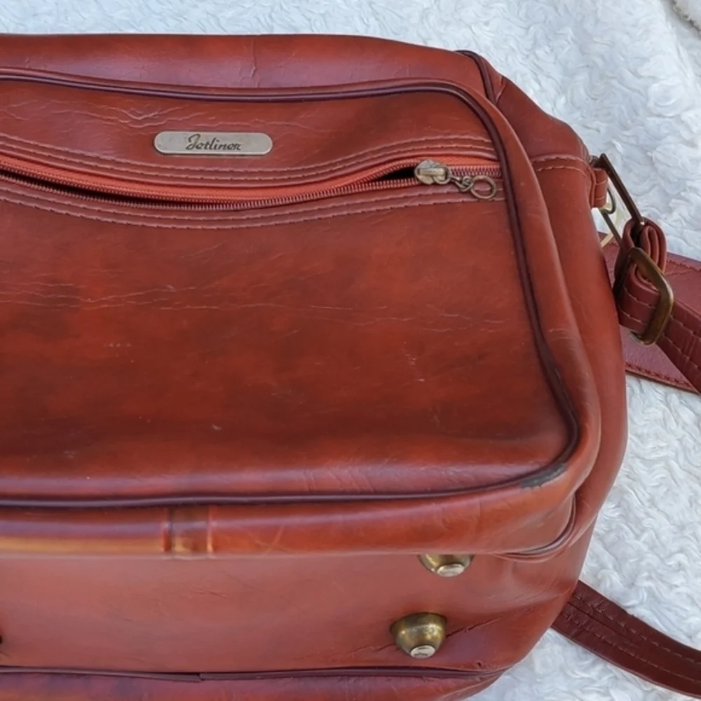 Vintage Jetliner Cognac Brown Leather Crossbody Bag Retro Travel Camera Purse